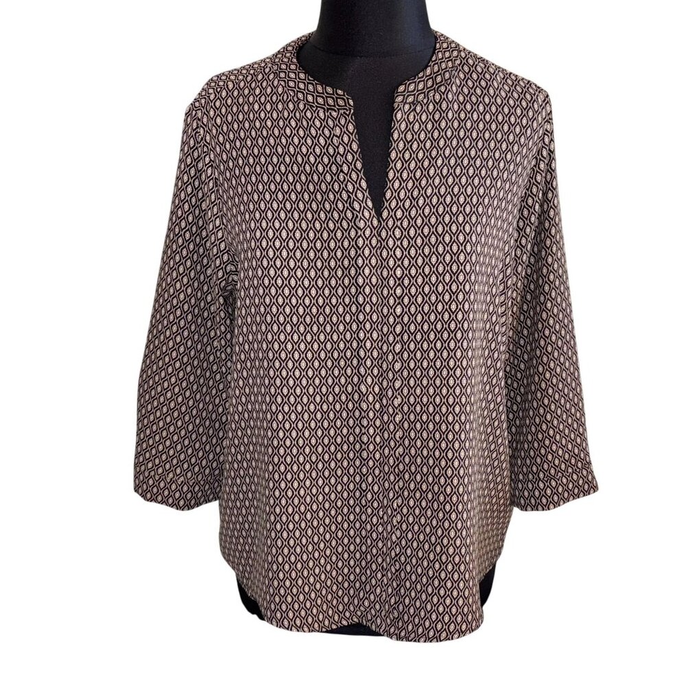 Dana Buchman Blouse Sz. Large Black White Brown Print Pullover 3/4 Sleeve Shirt